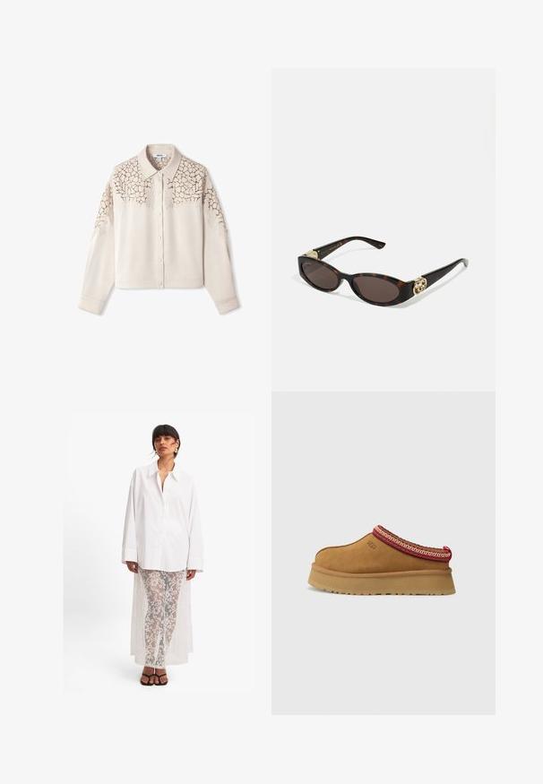 Cremfarbendes Hemd mit Knopfleiste und kragenähnlichem Ausschnitt sowie intricate Spitzenverzierungen an den Schultern. Lange Ärmel; weiche Textur.; Langärmliges Rollkragenshirt in einem hellen Beigeton. Hergestellt aus weichem, dehnbarem Stoff mit lockerer Passform und umgeschlagenem Kragen.; Weißes Hemd mit langen Ärmeln, kombiniert mit durchsichtigen weißen Spitzenhosen mit floralem Muster und einem langen Rückenteil. Schwarze Sandalen.; Braune Wildleder-Slipper mit rot-creamfarbenem gemusterten Besatz, strukturiertem Absatz und UGG-Logo an der Seite. Verfügt über eine leichte Plattformhöhe.; Schildpatt-Sonnenbrille mit länglich-ovalen Gläsern, braunem Farbton, goldenen Logo-Akzenten an den Bügeln und schlanken schwarzen Bügeln.
