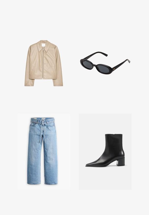 Beige lühikeste varrukatega jakk, mis on valmistatud tekstuurilisest kunstnahast. Jakkil on suur krae, ees lukuga sulgemine ja kaks külgtaskut.; Valge pikakäteline särk, mis on tehtud pehmest kangast. Omab figuuri järgivat disaini, millel on kogutud detailid taljes ja ümmargune kaelus.; Heledad sinised laiad püksid kõrge vöökohaga, nupukese ja tõmbluku sulgemisega ning nööridega detailiga vöökoht. Tooriku serv.; Must letherist saapad terava varviga, siledast tekstuurist ja keskmise ploki kontsaga. Minimalistlik disain, lukk taga.; Mustad mustad prillid ovaalsete läätsedega, sujuvast plastmassraamist ja kuldsete aktsentidega tempel. Tumedaid läätsi, mis pakuvad päikese kaitset.; Must mustra nahkakäekott, millel on kõver disain, kaks pikka sangat ja hõbedased riiulid. Sile tekstuur, ilma nähtavate mustrite või aksessuaarideta.