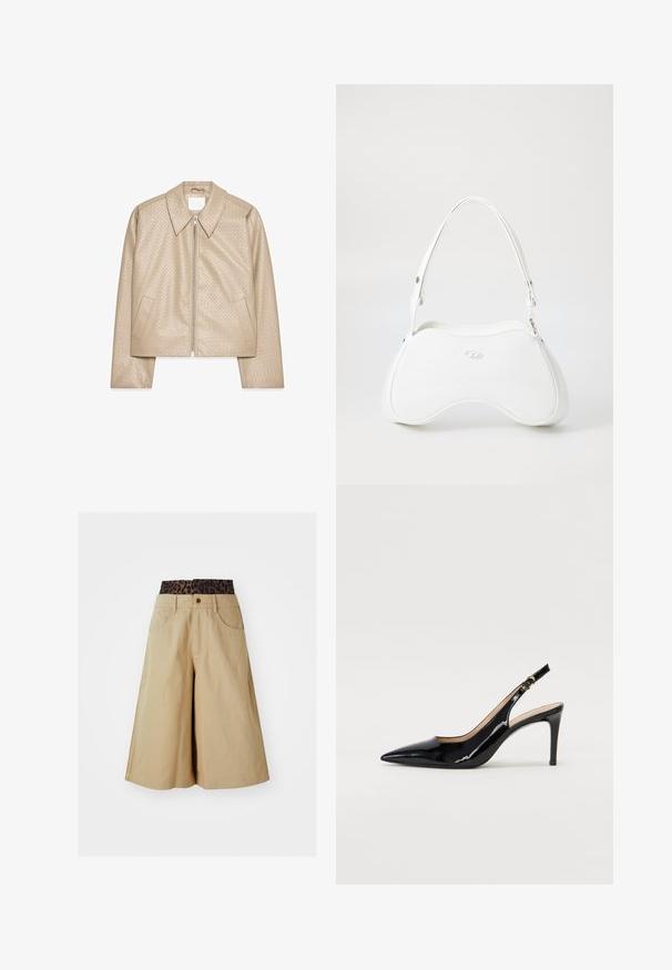 Smėlio spalvos trumpas švarkas, pagamintas iš tekstūruotos dirbtinės odos, su dideliu apykakle, priekyje užtrauktuku ir dviem šoniniais kišenėmis.; Rudas ilgomis rankovėmis trumpas viršus, pagamintas iš lygios medžiagos, turi apvalų kaklą ir priglundantį dizainą. Jokios matomos raštų ar akcentų.; Kaki šortai su plačių kojų dizainu ir leopardine juostos juosta. Yra priekiniai kišeniai ir mygtuko užsegimas. Lygus, tekstūruotas audinys.; Juodas lakinės odos slingback batelis su smailiu nosiu, plonu kulnu ir subtiliu išpjovos dizainu. Yra auksinė sagtis ant dirželio.; Balta rankinė su lygiu, blizgiu paviršiumi, išlenkta forma ir viena reguliuojama rankena. Priekyje yra įspaudas su logotipu.