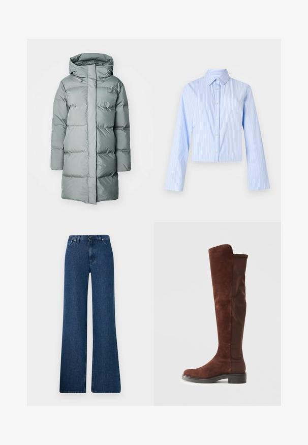 Cappotto lungo e gonfio di un verde tenue. Realizzato in materiale liscio e resistente all'acqua, con cappuccio e cordini regolabili. Branding minimale visibile.; Camicetta azzurro chiaro cropped con righe verticali bianche, maniche lunghe, chiusura frontale con bottoni e colletto classico. Tessuto dalla consistenza morbida.; Jeans a zampa d'elefante in denim blu con vita alta, design a cinque tasche e chiusura con bottone metallico. Tessuto liscio, stile casual e cuciture minime.; Stivale alto in suede marrone e tessuto con tacco nero basso e punta arrotondata, mostrato in vista laterale su sfondo bianco puro.