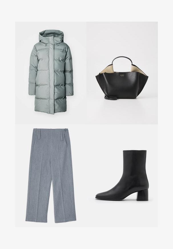 Long, puffy coat in muted green. Made of smooth, water-resistant material with a hood and adjustable drawstrings. Minimal branding visible.; Black long-sleeve top made of soft fabric, featuring a round neckline and a relaxed fit with side slits at the hem for ease of movement.; Light gray, wide-leg trousers made of textured fabric, featuring two front pleats and two side pockets. Clean, tailored design.; Black leather ankle boot with a pointed toe and a chunky square heel. Smooth texture with a seamless design and minimalistic stitching.; Ree Projects ANN TOTE MINI - Handbag - black