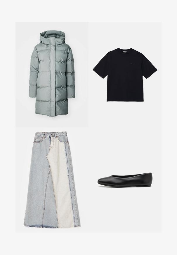 Lange, puffy jas in gedempt groen. Gemaakt van glad, waterafstotend materiaal met een capuchon en verstelbare koordjes. Minimale branding zichtbaar.; Zwarte t-shirt met korte mouwen van katoen, met een ronde halslijn en een klein logo op de linkerborst. Soepele textuur en relaxte pasvorm.; Denim rok met een patchworkontwerp bestaande uit lichte en middelblauwe secties, rafelige zomen en een hoge taille. Klassiek vijf-pocket model.; Paul Smith TOPANGA - Ballerina's - black