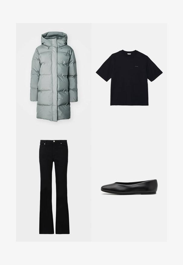 Long, puffy coat in muted green. Made of smooth, water-resistant material with a hood and adjustable drawstrings. Minimal branding visible.; Black short-sleeve t-shirt made of cotton, featuring a crew neckline and a small logo on the left chest. Smooth texture and relaxed fit.; Black flared jeans made of denim, featuring two front pockets, a button closure, and a smooth texture. Signature stitching visible at seams.; Paul Smith TOPANGA - Ballet pumps - black