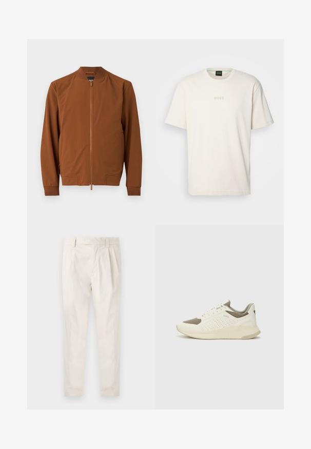 Rudas bombonešių striukė, pagaminta iš glotnaus audinio. Yra užtrauktukas, ribota apykaklė, elastingi rankogaliai ir dvi šoninės kišenės.; BOSS TEE - Paprasti marškinėliai - open white; Balti, susiūtos kelnes, turinčios pritaikytą siluetą, pasižyminčias lygia tekstūra, dirželio kilpomis ir siaurėjančiomis kojomis. Nėra matomų kišenių ar raštų.; Baltas ir šviesiai bežinis sportinis kedas, su tinklo viršumi, perforuotais detalėmis ir tekstūruotu tarpine su logotipu ant kulno.