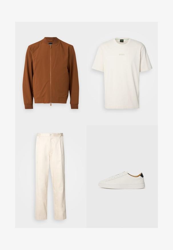 Rudas bombonešių striukė, pagaminta iš glotnaus audinio. Yra užtrauktukas, ribota apykaklė, elastingi rankogaliai ir dvi šoninės kišenės.; BOSS TEE - Paprasti marškinėliai - open white; Bežinės medvilninės kelnės su tiesiu kirpimu, turinčios mygtuko uždarymą ir priekyje raukšles papildomai dekoratyviam akcentui.; Balti sportbačiai su lygia oda, apvalia pirštine ir plokščiu padu. Juodas akcentas prie kulno, su toniniais raišteliais ir minimaliais prekių ženklais.