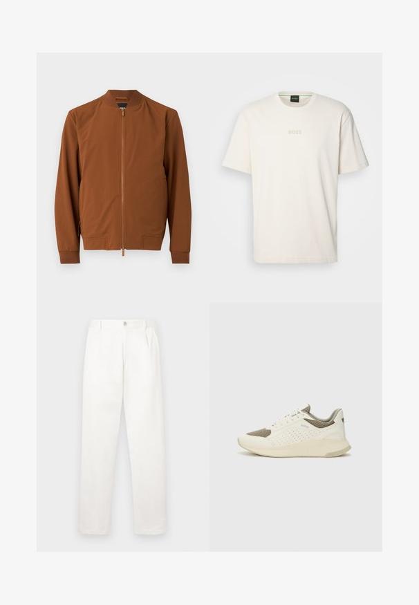 Barna bombázó dzseki sima anyagból készült. Jellemzői a cipzáros záródás, bordázott gallér, elasztikus mandzsetták és két oldalsó zseb.; BOSS TEE - Basic póló - open white; Fehér nadrág sima anyagból, egyenes lábbal, elülső pliszékkal és egy gombos záródással a derékon.; Fehér és világos bézs sportcipő, légies hálós felsőrésszel, perforált részletekkel és texturált középtalppal, amelyen a saroknál a márka logója található.