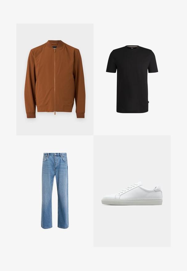 Brązowa kurtka bombowiczka wykonana z gładkiego materiału. Posiada zamek błyskawiczny, prążkowany kołnierz, elastyczne mankiety oraz dwie boczne kieszenie.; Czarny krótki rękaw t-shirt wykonany z gładkiej bawełny z okrągłym dekoltem. Posiada subtelną metkę marki po lewej stronie w pobliżu dolnego brzegu.; Jasnoniebieskie dżinsy o prostym kroju, pięć kieszeni, zapięcie na guzik, minimalne blaknięcia i kontrastowe wykończenia szwów.; Białe sneakersy z gładką skórzaną cholewką i niskim profilem. Posiadają okrągły nos, sześć dziurek na sznurówki oraz teksturowaną gumową podeszwę.