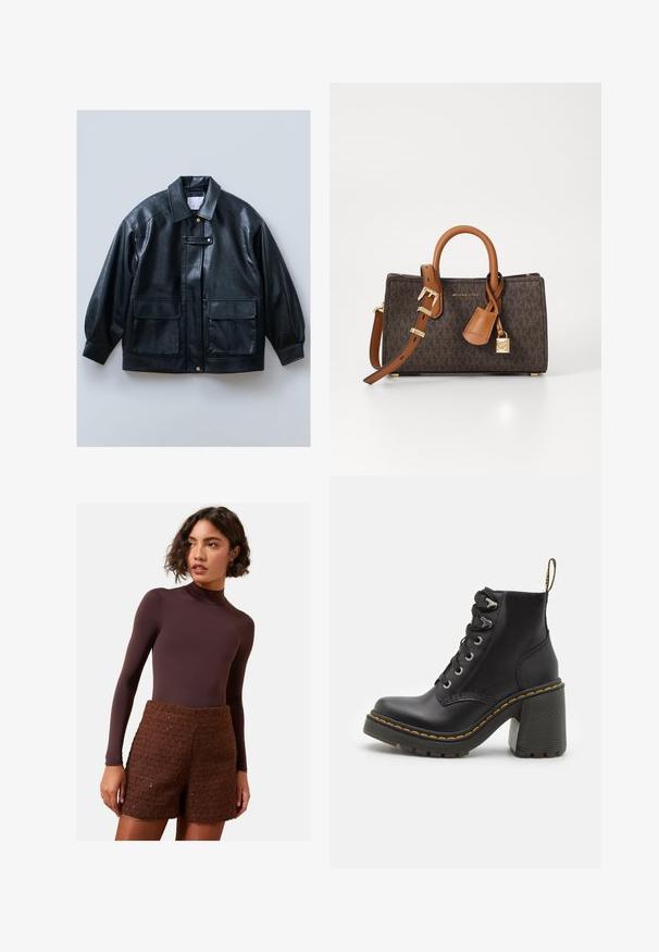 Juodas dirbtinės odos švarkas su apykakle, sagčių užsegimu, dviem priekinėmis kišenėmis su atvartais ir struktūruotomis, per didelėmis rankovėmis.; Juoda vartinė megztinis, pagamintas iš minkštos mezgamos medžiagos, su ilgomis rankovėmis ir laisvu siluetu. Lygus paviršius, be jokių matomų raštų ar akcentų.; Rudas ilgomis rankovėmis bodžis, derinamas su tekstūruotais rudo trikotažo šortais. Bodžis turi aukštą apykaklę, o šortai išsiskiria stuktūrizuotu dizainu.; Juodos odinės kulkšninių botų su masyviu aukštu kulnu, raištelių uždarymu, metaliniais akies ir geltonais siūlais aplink pado kraštą. Grubus gumos padas.; Ruda monogramuota rankinė su šviesiai rudos odos akcentais, dviem rankenomis ir reguliuojamu peties diržu. Savybė – auksinis užraktas ir prekės ženklą žymintis ženkliukas.