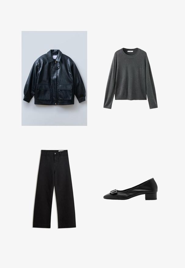 Veste en simili cuir noir avec un col, fermeture à boutons, deux poches à rabat à l'avant et des manches structurées et surdimensionnées.; Pull en tricot gris à manches longues, col rond et coupe décontractée. Fabriqué en tissu doux avec une texture lisse et sans motifs visibles.; Pantalon en denim noir à jambes larges avec une taille haute, comprenant des poches avant et arrière, des coutures piquées et une fermeture à bouton. Texture lisse.; Pompe en cuir noir avec un nez pointu, un petit talon carré et un détail de boucle décoratif sur le coup de pied. Texture lisse et design épuré.