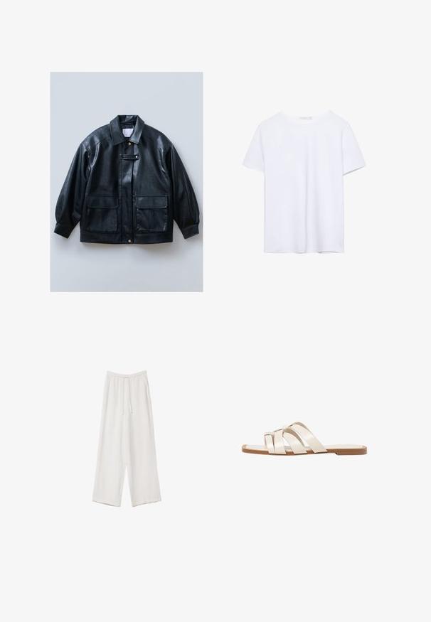 Zwarte nep leren jas met een kraag, knoopsluiting, twee voorste klepzakken en gestructureerde, oversized mouwen.; Puur witte t-shirt met korte mouwen en ronde halslijn, met een rechte zoom, weergegeven op een witte achtergrond.; Witte wijde broek gemaakt van een lichte stof. Voorzien van een elastische tailleband met een trekkoord en zijzakken. Zachte textuur.; Vlakke sandalen met een tan rubberen zool, ontworpen met drie overlappende witte leren banden en een kleine strikdetail in het midden.