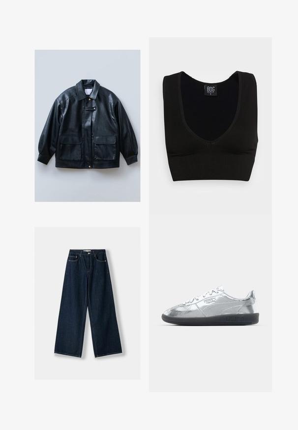 Sort fusk læderjakke med krave, knaplukning, to frontlommer med klap og strukturerede, oversized ærmer.; Sort ribbet crop top med brede stropper og en dyb V-halsudskæring. Etiket med "BDG," størrelse small, har en glat overflade og tætsiddende design.; Mørkeblå, vide jeans lavet af denim. Har fem lommer, knap- og lynlås lukning samt kontrastsyning detaljer.; Sølv sneakers med en glat, reflekterende overdel, der har sorte gummisåler og klassisk snøredesign. Puma-logo på siden.