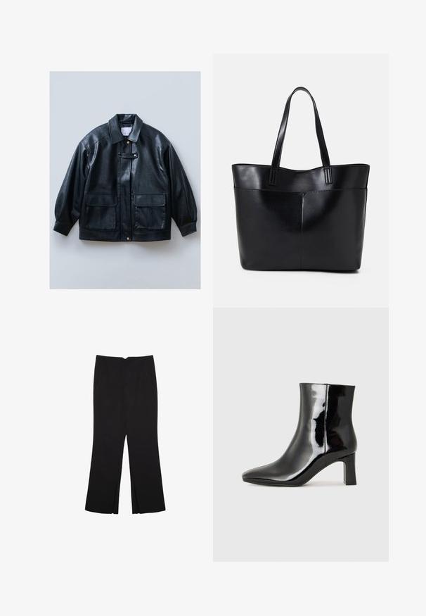 Černá umělá kožená bunda s límečkem, zapínáním na knoflíky, dvěma předními kapsami s klopami a strukturovanými, oversized rukávy.; Hnědé, jednodílné plavky s vysokým krkem a tenkými, nastavitelnými ramínky; mají vysoký střih nohavic a hladkou texturu. Žádné vzory ani ozdoby.; Černé kalhoty s rovným střihem, s předními kapsami a bočními rozparky na lemu. Vyrobené z jemné, hladké tkaniny. Vhodné na různé příležitosti.; Černé lakované kotníkové boty s špičatou špičkou a středně vysokým blokovým podpatkem. Hladká textura a minimalistický design.; Černá kožená taška s dlouhými ušima, hladkým povrchem a strukturovaným tvarem. Obsahuje přední kapsu pro další úložný prostor.