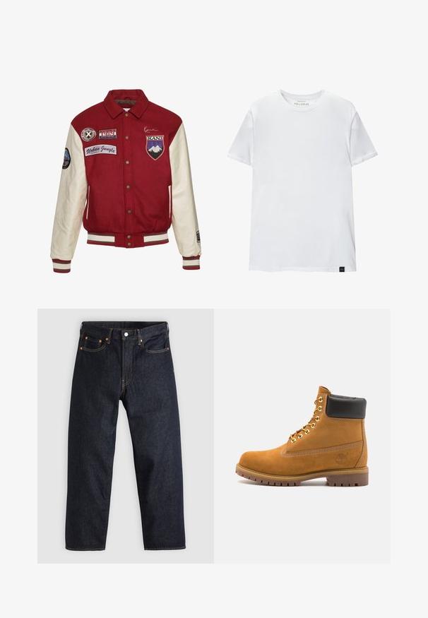 Karl Kani CHEST SIGNATURE BLOCKCOLLEGE - Bomber bunda - darkred offwhite; Bílá tričko s těsným střihem vyrobené z bavlny. Kolečkový výstřih, krátké rukávy, hladká textura. Malá černá visačka s logem na lemu. Jednoduchý design.; Tmavomodré džíny z denimu se straight střihem, pěti kapsami, kontrastním oranžovým šitím a knoflíkovým zapínáním. Žádné viditelné vzory ani ozdoby.; Hnědé semišové kotníkové boty s černým polstrovaným límcem, zlatými kovovými očky, bílým prošíváním a odolnou gumovou podrážkou s výraznými drážkami.