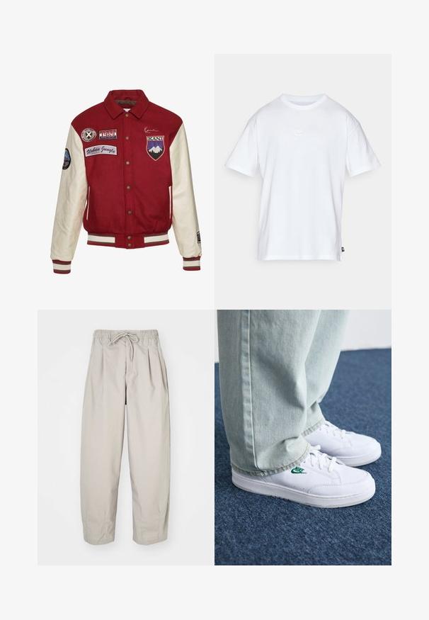 Karl Kani CHEST SIGNATURE BLOCKCOLLEGE - Bomber jakna - darkred offwhite; Bela bomba iz bombaža s kratkimi rokavi in okroglo ovratnikom. Ima majhen, diskreten Nike logotip na prsih in stranski etiket.; Bež hlače iz lahkega materiala z elastičnim pasom in vrvico. Imajo gube in ohlapen kroj, izdelane so iz mehkega, gladkega blaga.; Bela usnjena športna obutev z zelenim Nike logotipom, okrogla konica, ravna podplat, v kombinaciji z svetlo modrimi kavbojkami, prikazana na modrem preprogu.