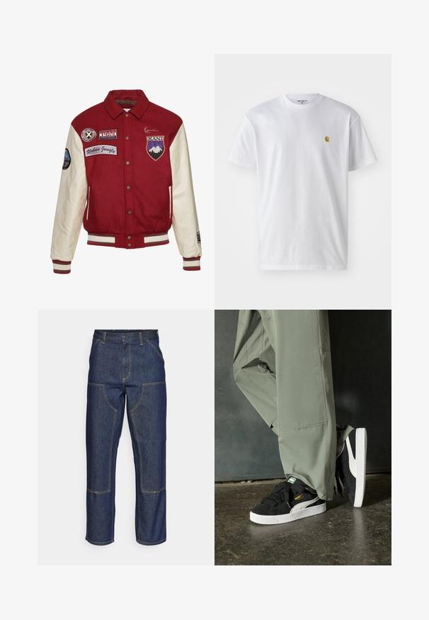 Karl Kani CHEST SIGNATURE BLOCKCOLLEGE - Bomber dzseki - darkred offwhite; Fehér pamut póló rövid ujjakkal, kerek nyakkal, bal mellel egy kis arany logóval. Puha tapintású és normál fazonú.; Sötétkék farmernadrág, magas derekú, egyenes szárú dizájnnal, kontrasztos varrással és elülső zsebekkel.; Fekete velúr sportcipők fehér gumitalppal és oldalsávokkal, világos zöld cargo nadrággal párosítva, egy textúrált sötét felületen állva.