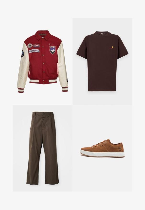 Karl Kani CHEST SIGNATURE BLOCKCOLLEGE - Bomber Jacket - darkred offwhite; Brown cotton t-shirt with short sleeves, round neckline, left chest logo in orange and red, straight hem, and relaxed fit.; Brown, wide-leg trousers made of cotton with a front button closure, belt loops, and a smooth, matte texture.; Brown suede sneakers with white rubber sole, round toe, six metal eyelets, and embossed logo detail on the side. Classic lace-up design.