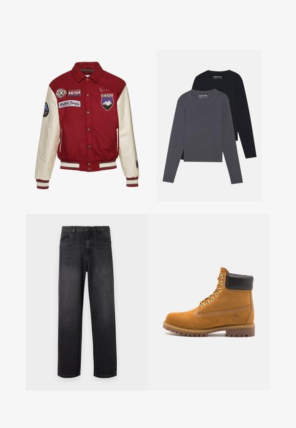 Karl Kani CHEST SIGNATURE BLOCKCOLLEGE - Bomber-jakk - darkred offwhite; YOURTURN 2 PACK UNISEX - Pikkade varrukatega topp - dark grey/black; Tumed hallid teksapüksid sirge säärega, millel on lukuga kinni minek, viis taskut ning õrnad pleekimisdetailid vatiinil.; Küpset tan suede sääreboot musta pehmea kraega, kuldsed metallist silmad, valge õmblemise detailid ja robustne kummist tallaga, millel on väljendunud mustrid.