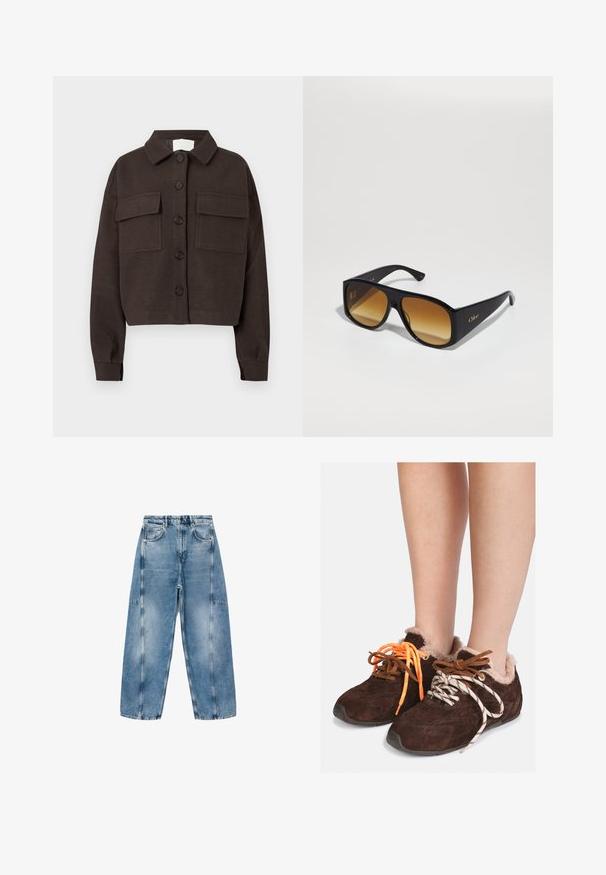 Dunkelbraune Hemdjacke mit zwei aufgesetzten Taschen auf der Vorderseite, langen Ärmeln und umgelegtem Kragen vor einem weißen Hintergrund.; Grauer, kürzerer Pullover aus weichem, flauschigem Material. Mit langen Ärmeln und rundem Ausschnitt, sowie einer glatten, leichten Textur.; Weißes Kurzarm-T-Shirt aus weicher Baumwolle, mit Rundhalsausschnitt und entspannter Passform sowie gerollten Säumen. Keine Muster oder Verzierungen.; Hellblaue Denim-Jeans haben eine lockere Passform, große Taschen und kontrastierende Nähte. Der Stoff hat eine ausgeblichene Optik mit einer glatten Textur.; Braune Wildleder-Slipper mit Fellfutter, die barfuß getragen werden, mit unpassenden Schnüren: eine orange und eine weiße mit schwarzen Streifen.; Schwarze rechteckige Sonnenbrille mit braunen Verlaufslinsen. Hergestellt aus Plastik, mit einer glatten Oberfläche und einem dezenten goldenen Logo am Bügel.
