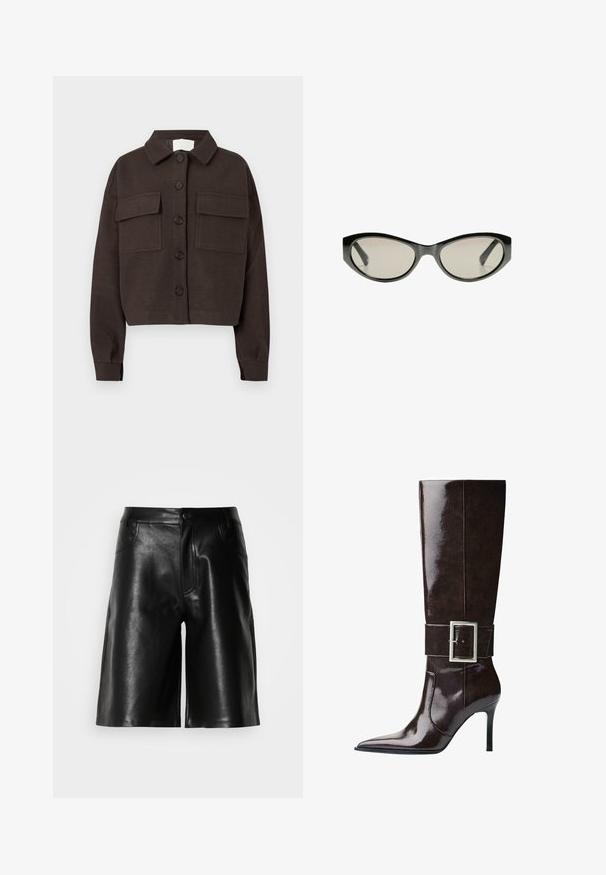 Mörkbrun knappradjacka med två framfickor med lock, långa ärmar och en vikbar krage mot en vit bakgrund.; Grå kortärmad tröja gjord av mjukt, fluffigt material. Har långa ärmar och en rund halsringning, med en slät, lätt textur.; Kortärmad, ljuskrämfärgad topp med rund hals, tillverkad av mjukt tyg. Har en avslappnad passform och slät textur, vilket gör den lämplig för lager-på-lager-stil.; Svarta lädershorts med en smidig yta, med framfickor, dragkedja och skräddarsydd passform.; Mörkbrun knähög läderstövel med spetsig tå, stilettklack och bred rem med stort rektangulärt silverspänne.; Svarta cat-eye solglasögon med gråtonade linser. Plastbågen har skarpa kanter och en slät, blank yta.