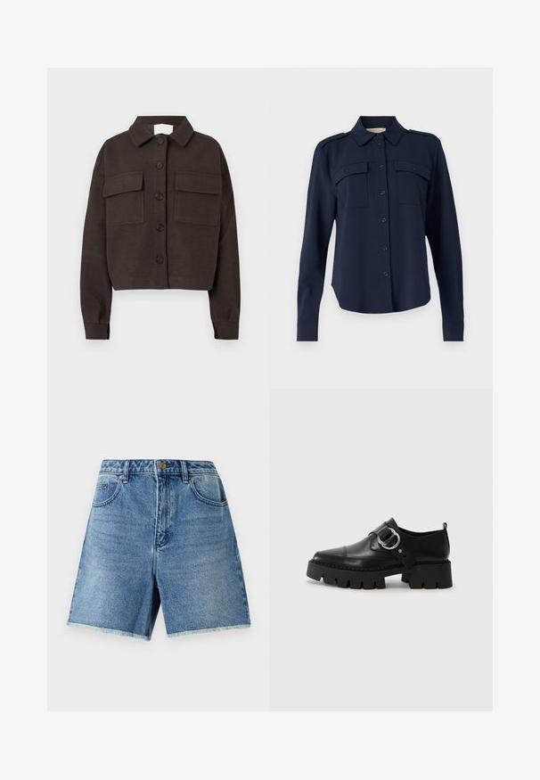 Tumed pruun nuppujope, millel on kaks esimest klapikotti, pikad varrukad ja volditud krae, valge tausta ees.; Tumedatane nööbiga särk, mis on valmistatud pehmest kangast. Omab kahte rinna taskut, õlavarre epauletti ning pikki varrukaid nööpidega mansettidega.; Heledad teksased, helesinine, kõrge vöökoht, nööbiga kinni pandud, eestaskud ja räbal ääreviimistlus, et saavutada mugav lõige.; Mustad musta naha jalanõud, millel on jäme ribaga tallad, ringikujuline hõbedane detail ja minimaalne õmblusdetail.