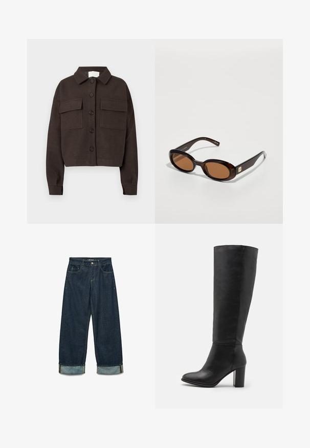Temno rjava jakna na gumb s dvema sprednjima žepoma s poklopcem, dolgimi rokavi in zloženim ovratnikom na beli podlagi.; Modra dolga majica z dolgimi rokavi z vodoravnimi črtami v beli in temno modri barvi. Ima okroglo ovratnico in ohlapen kroj ter mehak teksturo tkanine.; Denim hlače v temno modri barvi z ohlapnim krojem, z zavihanimi robovi, petimi žepi in kontrastnimi šivi.; Črne škornje do kolen iz gladke usnje, z debelim peto in zaobljenim nosom. Minimalističen dizajn brez vidnih dodatkov ali okraskov.; Rjave tortoiseshell sončna očala z ovalnimi lečami, ki imajo tanek okvir in majhen kovinski akcent na strani. Teksturirana in polirana površina.; Olive zelena usnjena torba v zaokroženi obliki, z dvojnimi ročaji in brezšivnim sprednjim delom. Ima gladko teksturo in subtilne šive.