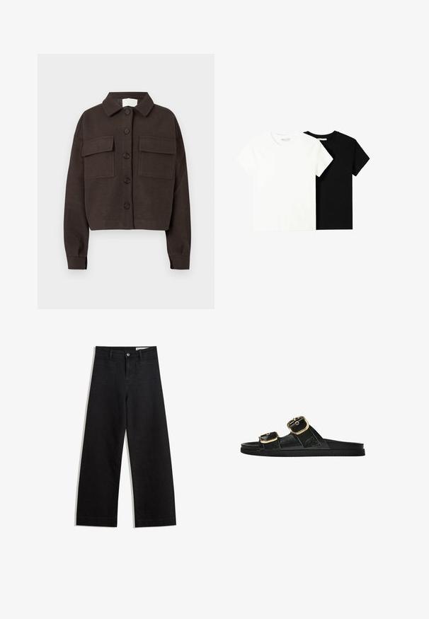 Jachetă button-up de culoare maro închis, cu două buzunare frontale cu clapetă, mâneci lungi și guler pliat, pe un fundal alb.; Două tricouri cu mânecă scurtă, unul alb și unul negru, fabricate din bumbac. Ambele au un guler rotund și un design simplu, clasic.; Pantaloni din denim negri cu picioare largi, cu talie înaltă, având buzunare frontale și posterioare, cusături dublate și închidere cu nasture. Textură netedă.; Sandalie negre cu toc plat, cu două accente de cataramă aurie, din material texturat neted și design minimalist.