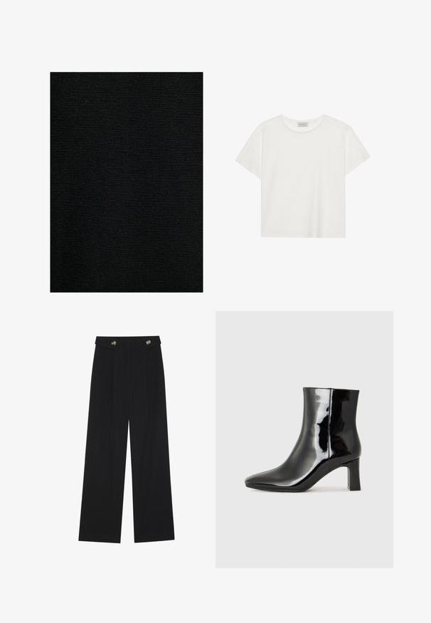 Yksivärinen musta tekstiilikangas, jossa on sileä, hieman teksturoitu pinta ja hienovarainen raidallinen kuvio. Yhtenäinen väri ilman näkyviä kuvioita.; Valkoinen lyhythihainen T-paita, joka on valmistettu pehmeästä puuvillasta. Siinä on pyöreä kaula-aukko ja rento istuvuus. Siisti muotoilu ilman näkyviä kuvioita tai yksityiskohtia.; Mustat leveälahkeiset housut, joissa on korkea vyötärö, napit vyötärönauhassa ja etupuolella laskokset.; Musta patenttilakattu nilkkuri, jossa on terävä kärki ja keskipitkä lohkarekorko. Silkkinen pinta ja minimalistinen muotoilu.
