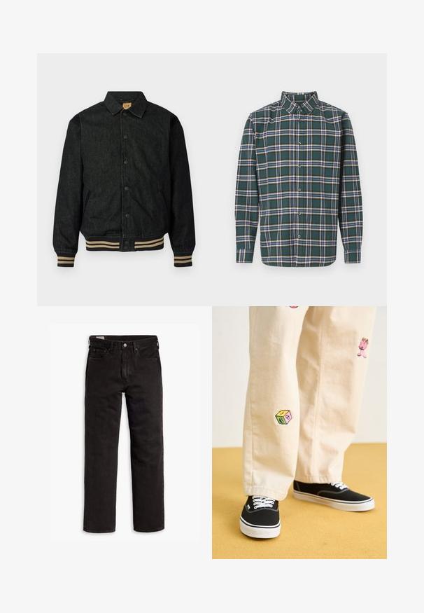 Black denim jacket with a button-up front, ribbed cuffs, and elastic waistband. Features a collar and side pockets.; Green flannel shirt with a plaid pattern featuring blue, white, and mustard yellow lines. Buttoned front and pointed collar. Long sleeves.; Black straight-leg denim jeans with five pockets, button closure, and belt loops, laid flat on a white background.; Beige cotton pants with playful embroidered designs including a pink character and colored block, paired with black lace-up sneakers.