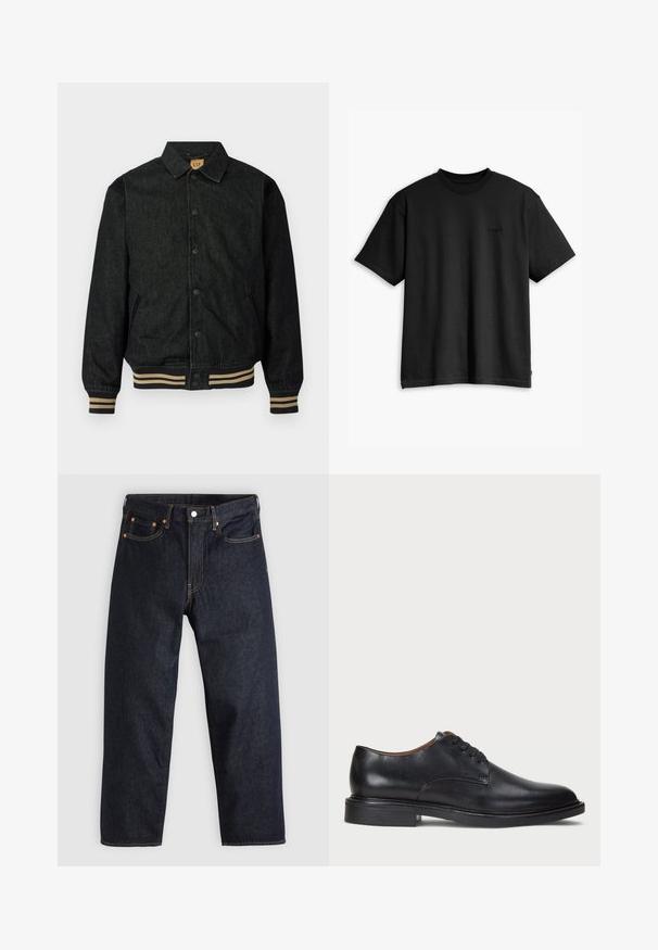 Schwarze Jeansjacke mit Knopfverschluss, gerippten Bündchen und elastischem Saum. Verfügt über einen Kragen und Seitentaschen.; Schwarzes Baumwoll-T-Shirt mit rundem Halsausschnitt und kurzen Ärmeln. Verfügt über ein dezentes Logo auf der Vorderseite und einen geraden Saum. Einfaches und minimalistisches Design.; Dunkelblaue Jeans aus Denim mit geradem Schnitt, fünf Taschen, kontrastierenden orangen Nähten und einem Knopfverschluss. Keine sichtbaren Muster oder Verzierungen.; Schwarze Lederdressschuhe mit runder Zehenform, Schnürdesign und niedrigem gestapeltem Absatz. Glatte Textur mit minimalen Nähten.