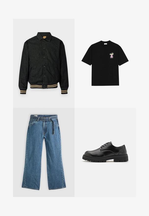 Czarna dżinsowa kurtka z zapięciem na guziki z przodu, ściągaczami u mankietów i elastycznym pasem. Posiada kołnierz oraz boczne kieszenie.; Czarna bawełniana koszulka z krótkim rękawem, z okrągłym dekoltem, z kolorową grafiką na lewym piersi, przedstawiającą pluszowego misia oraz stylizowany tekst.; Niebieskie dżinsowe spodnie szerokie z dołączonym paskiem, kieszeniami z przodu i widocznym przeszyciem na jednolitym jasnym tle.; Czarne skórzane buty z zaokrąglonym czubkiem, na sznurówki, z grubą, teksturowaną gumową podeszwą. Cecha to przeszycia wzdłuż krawędzi oraz gładkie wykończenie.