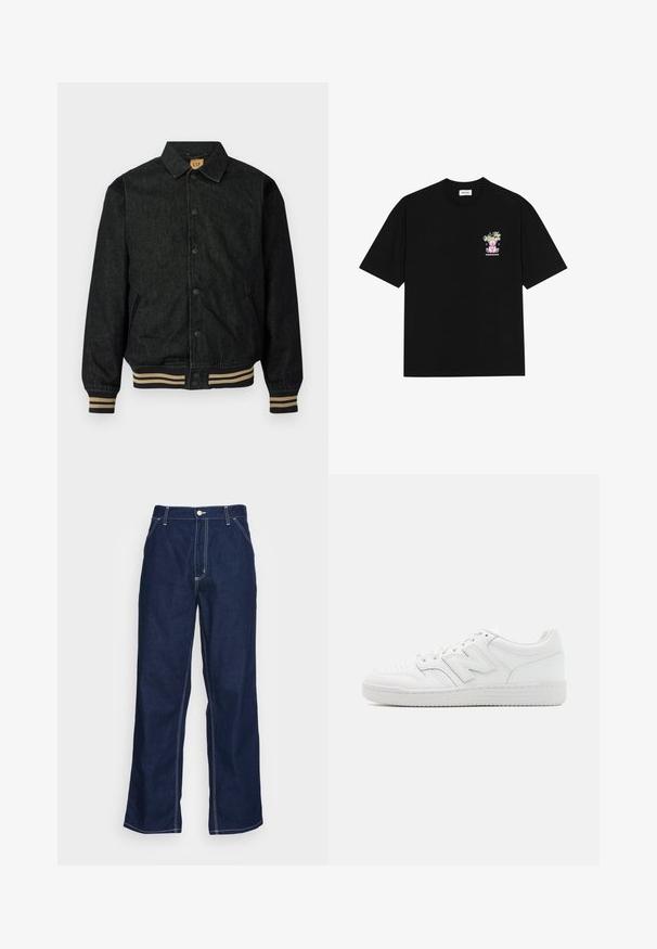 Mustat farkkutakki, jossa on napitettavat etupainikkeet, ribbolliset hihansuut ja joustava vyötärö. Varustettu kauluksella ja sivutaskuilla.; Mustat puuvillapaidat, joissa on värikäs graafinen kuva vasemmalla rinnalla, esittäen teddykarhua ja tyyliteltyä tekstiä, lyhyillä hihoilla ja pyöreällä kaula-aukolla.; Tummansiniset farkut, joissa on leveät lahkeet, korkea vyötärö, etutaskut ja kontrastivalkoinen ommel saumoissa.; Valkoiset tennarit, jotka on valmistettu sileästä nahasta. Niissä on perforoitu varpaat, teksturoitu kumipohja, litteät nauhat ja korostettu 'N' -logo sivussa.