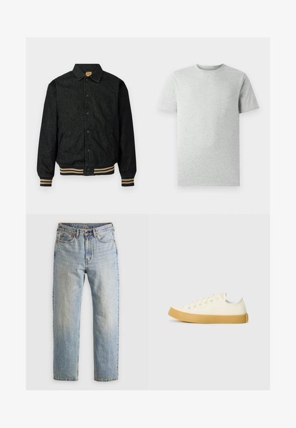 Mustat farkkutakki, jossa on napitettavat etupainikkeet, ribbolliset hihansuut ja joustava vyötärö. Varustettu kauluksella ja sivutaskuilla.; Yksinkertainen vaalea harmaa lyhythihainen t-paita, jossa pyöreä kaula-aukko, esitetty valkoista taustaa vasten, edestä katsottuna ilman näkyviä logoja tai kuvioita.; Vaaleansininen farkut, joissa on korkea vyötärö, etunappi, vetoketju ja viisi taskua, asetettu tasaisesti neutraalille taustalle.; Kankava sneakers vaaleassa valkoisessa, pyöreällä varvalla, jossa on beiget kumipohjat ja viisi reikää nauhoille, teksturoitu pinta ylemmässä osassa.