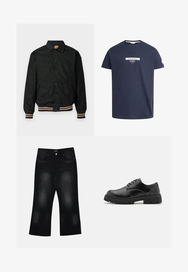 Schwarze Jeansjacke mit Knopfverschluss, gerippten Bündchen und elastischem Saum. Verfügt über einen Kragen und Seitentaschen.; Dunkelblaues T-Shirt mit kurzen Ärmeln aus Baumwolle. Auf der Vorderseite befindet sich ein weißes grafisches Textdesign mit der Aufschrift "REDEFINED REBEL EST.2013".; Schwarze weite Jeans aus Denim, ausgestattet mit zwei Fronttaschen, dezentem Verblassen und einem Knopfverschluss in der Taille.; Schwarze Lederschuhe mit runder Zehenform, Schnürdesign und einer dicken, strukturierten Gummisohle. Sie verfügen über eine Naht entlang des Randes und haben eine glatte Oberfläche.