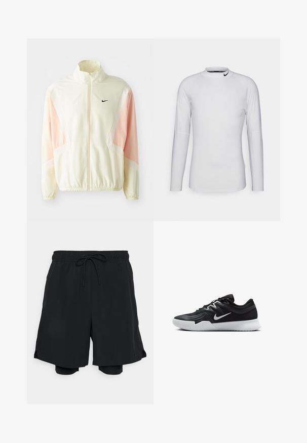 Könnyű krémszínű dzseki rózsaszín kiegészítőkkel, magas gallérral, teljes cipzárral és elasztikus mandzsettákkal. A mellkason egy kis fekete Nike logó található.; Hosszú ujjú, fehér sportpóló sima, rugalmas anyagból. Magas nyakkivágással rendelkezik, és a gallérján fekete Nike logó található.; Fekete sportos rövidnadrág, könnyű anyagból készült, elasztikus derékpánttal és zsinórral, valamint a testhez simuló bélésrövidnadrággal.; Fekete sportcipő texturált felsőrésszel, fehér Nike logóval és fehér gumitalppal. Fűzős kialakítással és dinamikus formával rendelkezik.