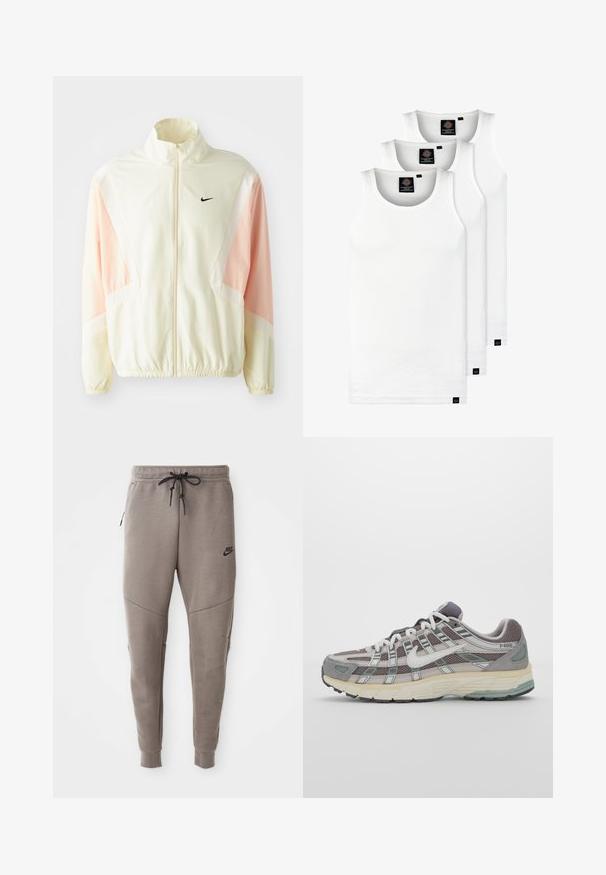 Leichte Creme-Jacke mit pinken Akzenten, hohem Kragen, durchgehendem Reißverschluss und elastischen Bündchen. Verfügt über ein kleines schwarzes Nike-Logo auf der Brust.; Drei weiße, gerippte Tanktops aus Baumwolle. Merkmale einen Rundhalsausschnitt und kleine schwarze Etiketten am Saum. In mehreren Größen erhältlich.; Graue Nike-Sweatpants mit einem Kordelzugbund, schmal zulaufenden Beinen, seitlichen Taschen und auffälliger Nahtgestaltung. Weicher, strukturiert Stoff.; Grauer Sportschuh mit einem Obermaterial aus Mesh und Wildleder, weißen Akzenten, einer gepolsterten Sohle und einem charakteristischen Design mit reflektierenden Elementen.