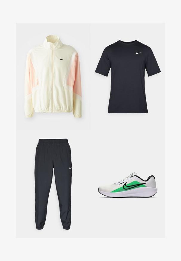 Chaqueta ligera de crema con acentos rosas, cuello alto, cierre de cremallera completo y puños elásticos. Presenta un pequeño logo negro de Nike en el pecho.; Camiseta negra de manga corta de Nike hecha de tela suave, con un logo de swoosh blanco en la parte superior izquierda y cuello cuadrado.; Pantalones deportivos negros hechos de tela ligera con una cinturilla elástica, puños en los tobillos y un discreto logo de Nike en el lado izquierdo.; Zapatilla deportiva blanca con un acento verde, logo negro, parte superior de malla, suela acolchada y tacón redondeado. Presenta cordones y detalles en contraste.