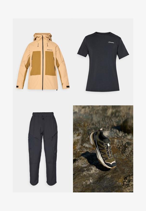 Bēšas un brūnas kapuces jaka ar priekšējo rāvējslēdzēju, divām lielām priekšējām kabatām, regulējamiem aprocēm un "Peak Performance" logo uz krūtīm.; Berghaus DELTA TEE - Sporta krekli - black; Melnas kravas bikses, izgatavotas no viegla, ūdens izturīga materiāla; ar elastīgu jostasvietu, vairākiem kabatām ar rāvējslēdzējiem un sašaurinātiem ievedumiem.; Tūrisma apavi olīvzaļā un melnā krāsā ar rozā akcentiem. Iespējas ietver teksturētu virsu, elastīgu zoli, pastiprinātu purngalu un krāsainu šņorējuma sistēmu.