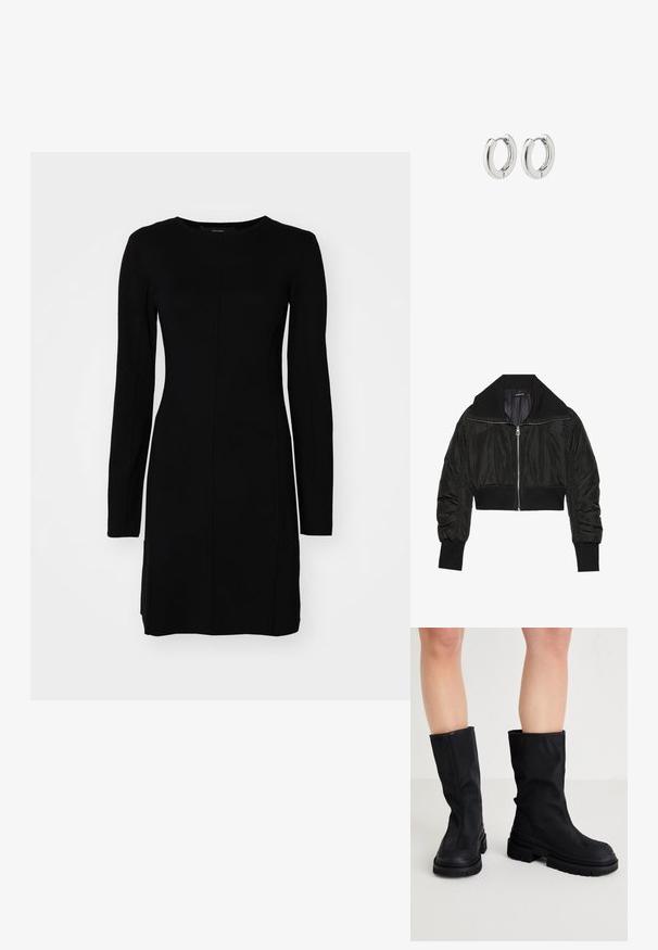 Black cropped bomber jacket featuring a zip front, wide collar, and ribbed cuffs, with a smooth, shiny texture and padded design.; Black long-sleeve dress made of ribbed fabric. Features a fitted silhouette, round neckline, and central seam detail.; Black knee-high boots made of a smooth textile material with a thick rubber sole, featuring a minimalistic design and subtle stitching details.; Silver hoop earrings with a polished finish, featuring a circular design and seamless hinges, displaying a smooth texture.