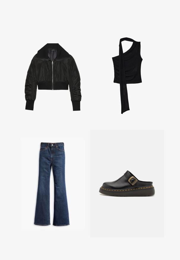 Schwarze, cropped Bomberjacke mit Reißverschluss vorne, breitem Kragen und gerippten Bündchen, mit glatter, glänzender Textur und gepolstertem Design.; Schwarzes ärmelloses Oberteil mit einem einzelnen Schulterriemen, das eine fließende, drapierte Akzentuierung und geraffte Seitenstruktur aufweist. Hergestellt aus einem weichen Stoff.; Hochtaillierte dunkelblaue Jeans mit ausgestellten Beinen, Vorderknopf- und Reißverschluss sowie Fünf-Taschen-Design.; Schwarze Leder-Mules mit breitem Riemen und Messing-Schnalle. Verfügt über eine strukturiere Gummisohle mit gelben Nähakzenten.