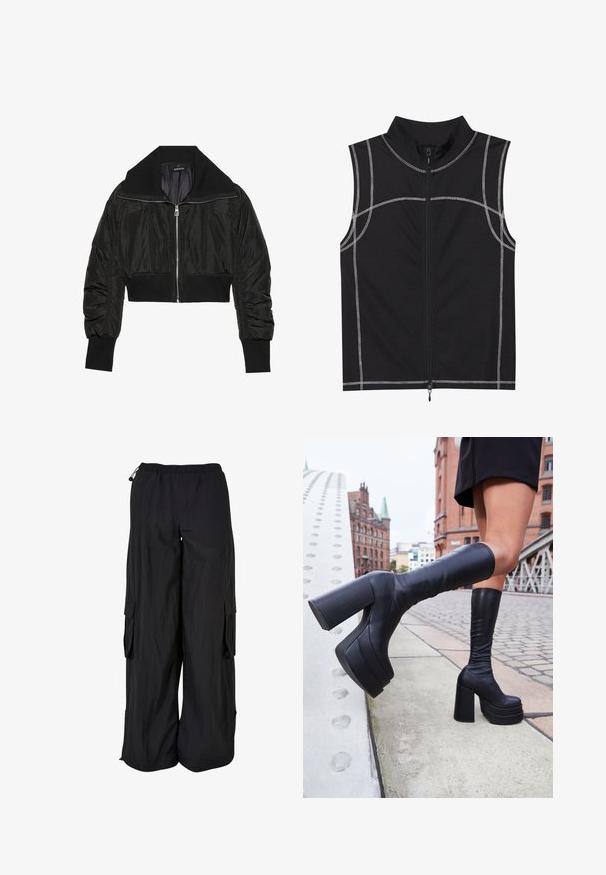 Czarna krótka kurtka bombowa z zamkiem z przodu, szerokim kołnierzem i ściągaczami, o gładkiej, błyszczącej teksturze i pikowanym designie.; Czarna bezrękawnik wykonana z gładkiego materiału, z detalami srebrnego przeszycia i zamkiem błyskawicznym z przodu, zaprojektowana z wysokim kołnierzem.; Czarne spodnie cargo z elastycznym pasem, luźny krój, lekką tkaniną, kieszeniami bocznymi oraz subtelnym, teksturowanym wykończeniem.; Czarne, sięgające kolan botki na platformie wykonane z gładkiej skóry, z grubymi kwadratowymi obcasami i eleganckim designem, w tle miejskim.