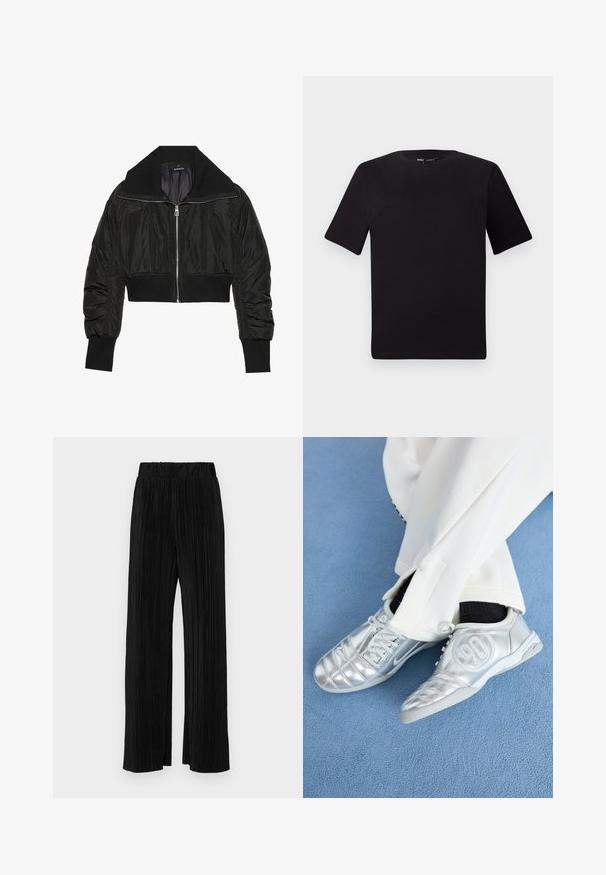 Black cropped bomber jacket featuring a zip front, wide collar, and ribbed cuffs, with a smooth, shiny texture and padded design.; Black short-sleeve t-shirt with a round neckline, crafted from soft cotton fabric. Simple design, no visible logos or patterns.; Black pleated trousers with an elastic waistband. Features wide legs and a smooth, textured fabric with vertical stripes.; Silver athletic shoes with a smooth, shiny finish, featuring a stitched design and the number 90 on the side, paired with white pants.