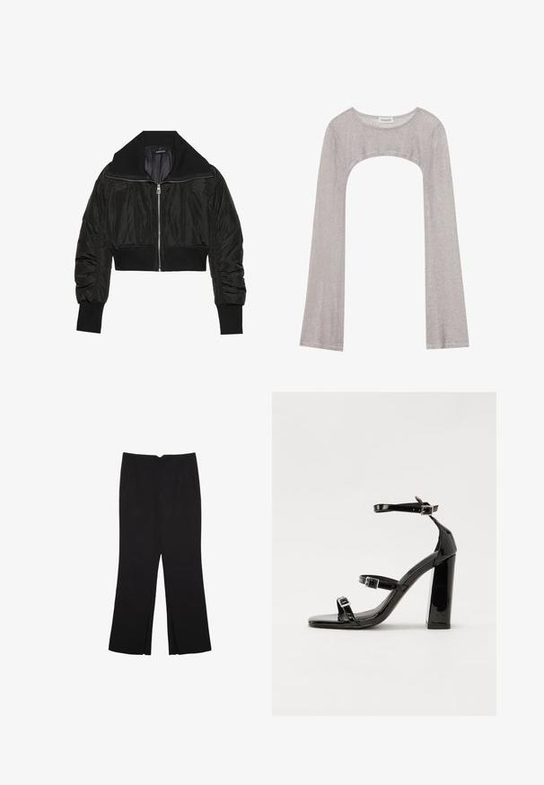 Crna skraćena bomber jakna s zip zatvaranjem, širokim ovratnikom i rebrastim manžetama, s glatkom, sjajnom teksturom i oznakom koji je podstavljen.; Srebrna dugorukava majica s okruglim izrezom i izrezom ispod. Izrađena od teksturiranog materijala, s prianjajućim dizajnom i flared rukavima.; Crne hlače ravnog kroja, s prednjim džepovima i bočnim prorezima na rubu. Izrađene od mekog i glatkog materijala. Pogodne za razne prigode.; Crne lakirane sandale na visoku petu s dva remena s kopčama, kvadratnim vrhom i masivnom blok petom, s glatkom, sjajnom teksturom.