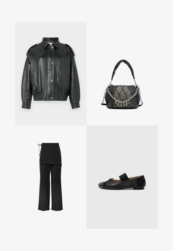 Zwarte leren jas met een klassieke kraag, drukknoopsluiting, zijzakken en een elastische tailleband met rimpels. Bevat schouderaccenten.; VILA VIVIGGA CONTRAST - Trui - dark grey/black; Zwarte, wijde broek met een gelaagd ontwerp en zijstrik. Gemaakt van een zachte, gladde stof en heeft een simpele, strakke snit.; Zwarte leren balletschoenen met een ronde neus, een klein knoopdetail en een elastische band over de wreef voor een stevige pasvorm. Platte zool.; Gequilted denim handtas in donkergrijs, met een kettinglink schouderriem en een metalen "DIESEL" logo. Compacter, rechthoekige vorm, gestructureerd oppervlak.