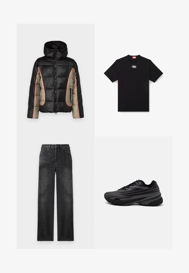 Fekete és bézs pufi dzseki kapucnival, steppelt panelek, piros kontrasztvarrás és cipzáros oldalsó zsebek jellemzik.; Fekete pamut póló kerek nyakkivágással és rövid ujjakkal. Az elején középen egy kicsi, ezüst színű logó van hímzéssel.; Fekete egyenes szabású farmernadrág, öt zsebbel, övhurkokkal, és finom fakó foltokkal az anyagon a textúra érdekében.; Fekete futócipő texturált felsőrésszel, szürke csíkokkal. Vastag talp a párnázottságért, kerek orr, és lapos fűzők a biztos illeszkedés érdekében.