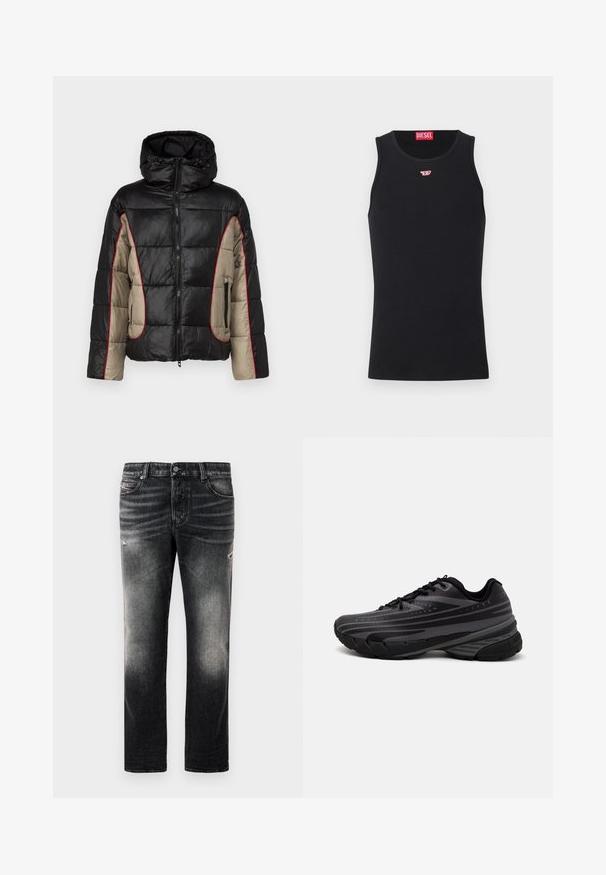 Černá a béžová péřová bunda s kapucí, která má prošívané panely, červené kontrastní švy a boční kapsy na zip.; Černý top bez rukávů vyrobený z hladké tkaniny, s kulatým výstřihem, výstřihy pro paže a malým červeným logem na hrudi. Jednoduchý design, bez rukávů.; Černé džíny s vybledlým vzhledem a odřenými detaily, standardní design s pěti kapsami a zipovým zapínáním. Vyrobeny z džínové látky.; Černá běžecká bota s texturovaným svrškem zdobeným šedými pruhy. Silná podešev pro odpružení, kulatá špička a ploché tkaničky pro bezpečné uchycení.