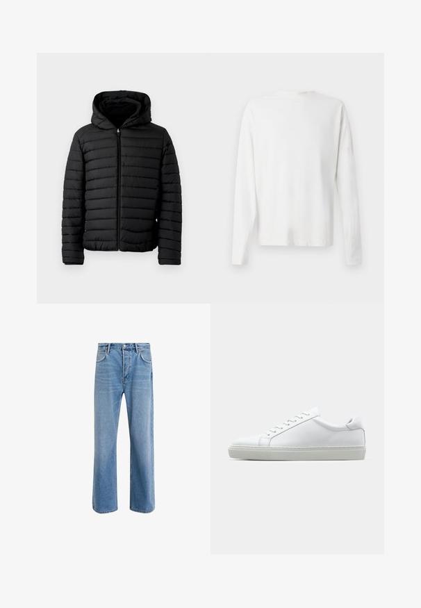Black puffer jacket with a hood, featuring quilted design, lightweight, full zipper, and elastic cuffs for warmth and comfort.; Long-sleeved white cotton shirt with a round neckline, side slits at the bottom, and a smooth texture, displayed from the back.; Light blue denim jeans with a straight-leg design, five pockets, button closure, minimal fading, and contrasting stitching details.; White sneaker with a smooth leather upper and a low profile. Features a rounded toe, six eyelets, and a textured rubber sole.