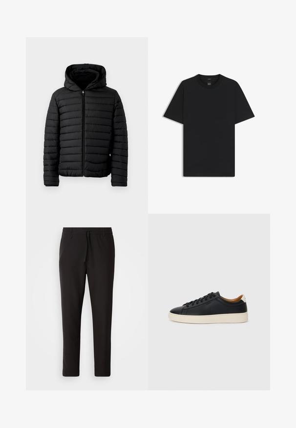 Veste rembourrée noire avec capuche, présentant un design matelassé, légère, à fermeture éclair intégrale et poignets élastiques pour chaleur et confort.; T-shirt noir à manches courtes en coton mélangé doux, avec un col rond et un design minimaliste sans motifs ni accents.; Pantalons de jogging noirs en tissu lisse. Dotés d'une taille élastique avec cordon de serrage, jambes fuselées, et sans poches visibles. Design simple.; Baskets en cuir noir avec une texture lisse, semelle en caoutchouc beige, design à lacets et accent de talon contrasté.