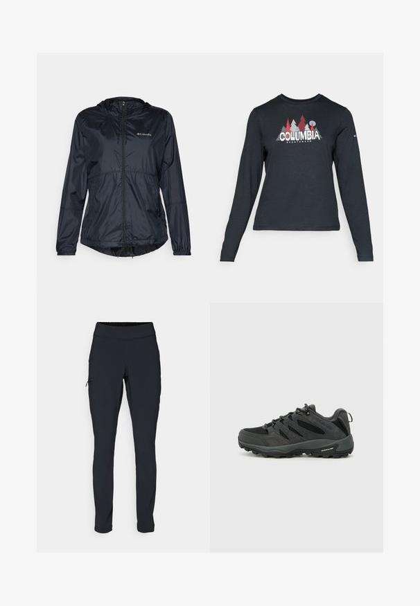 Black lightweight jacket with a hood, full zipper, elastic cuffs, and adjustable hem. Features a logo on the upper left chest area.; Long-sleeve dark gray shirt with a graphic of red trees and mountains; "COLUMBIA" logo in bold white text. Soft fabric, standard crew neck.; Black athletic pants with a slim fit, elastic waistband, and a side pocket featuring a zipper. Smooth, stretchy fabric with minimal seams.; Columbia REDMOND - Hiking shoes - black/citron haze