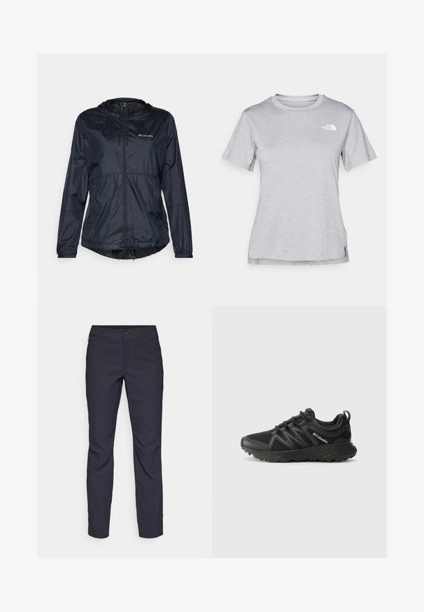 Černá lehká bunda s kapucí, plným zipem, elastickými manžetami a nastavitelným lemem. Obsahuje logo na horní levé části hrudníku.; Šedé tričko s krátkým rukávem vyrobené z měkké, vlhkosti odvádějící tkaniny. Obsahuje kulatý výstřih a malé bílé logo na levém horním rukávu.; Námořnické modré kalhoty vyrobené z hladké tkaniny, s předním zapínáním na knoflík, přiléhavým střihem a sklady v oblasti kolen.; Columbia PEAKFREAK - Trekingové boty - black