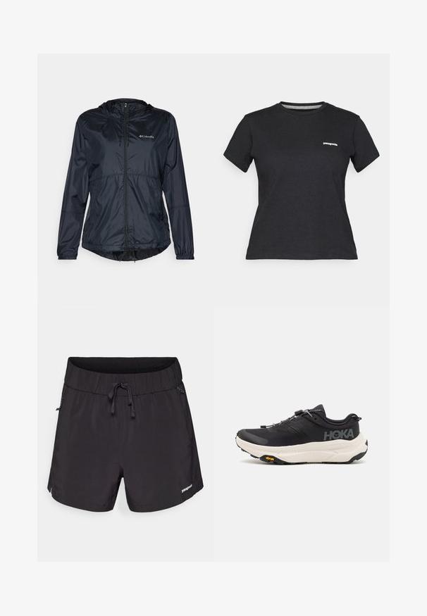 Čierna ľahká bunda s kapucňou, plným zipsom, elastickými manžetami a nastaviteľným lemom. Obsahuje logo na hornej ľavej časti hrude.; Čierne bavlnené tričko s okrúhlym výstrihom a krátkymi rukávmi. Obsahuje biele logo "Patagonia" v ľavej časti hrudníka.; Čierne plavecké šortky vyrobené z ľahkej tkaniny, s elastickým pásom, šnúrkou na sťahovanie a bočnými vreckami pre funkčnosť.; Čierne športové topánky s priedušným sieťovým zvrškom, gumovou podrážkou, bielou tlmiacou medzipodrážkou a reflexnými šnúrkami. Logo Vibram na podrážke.